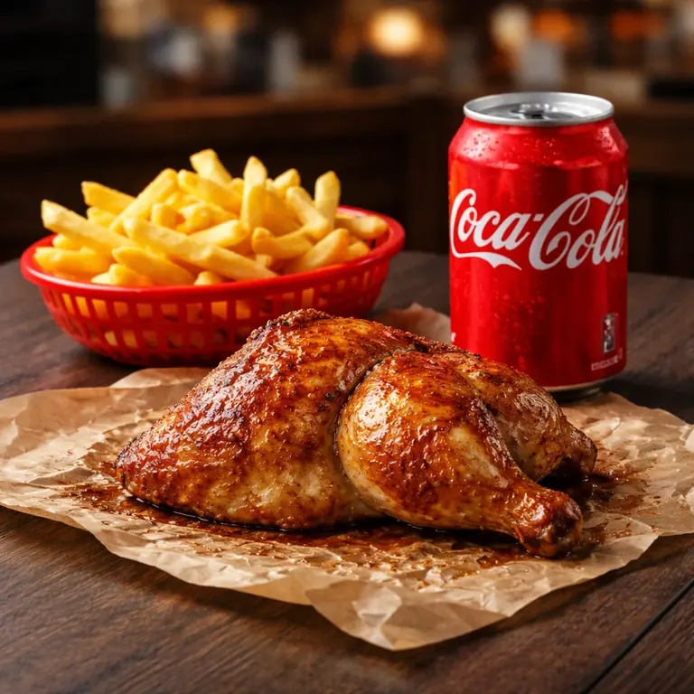 Halbes Grillhähnchen mit Pommes und Softdrink