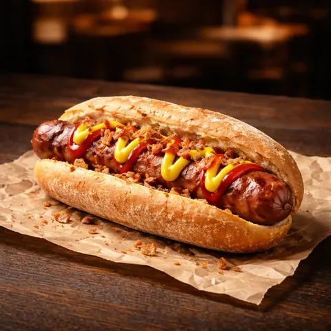 Gegrillte Rinderbratwurst im Brötchen
